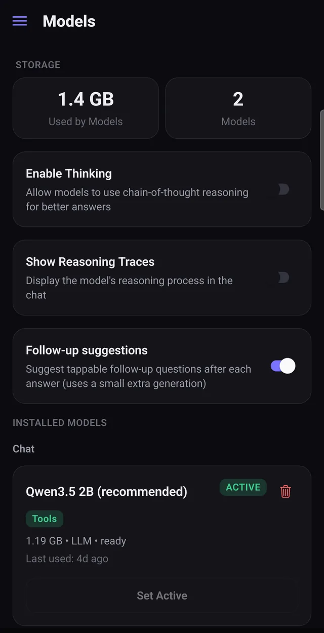 MyBenAI on Android: the installed models, their size and which one is active