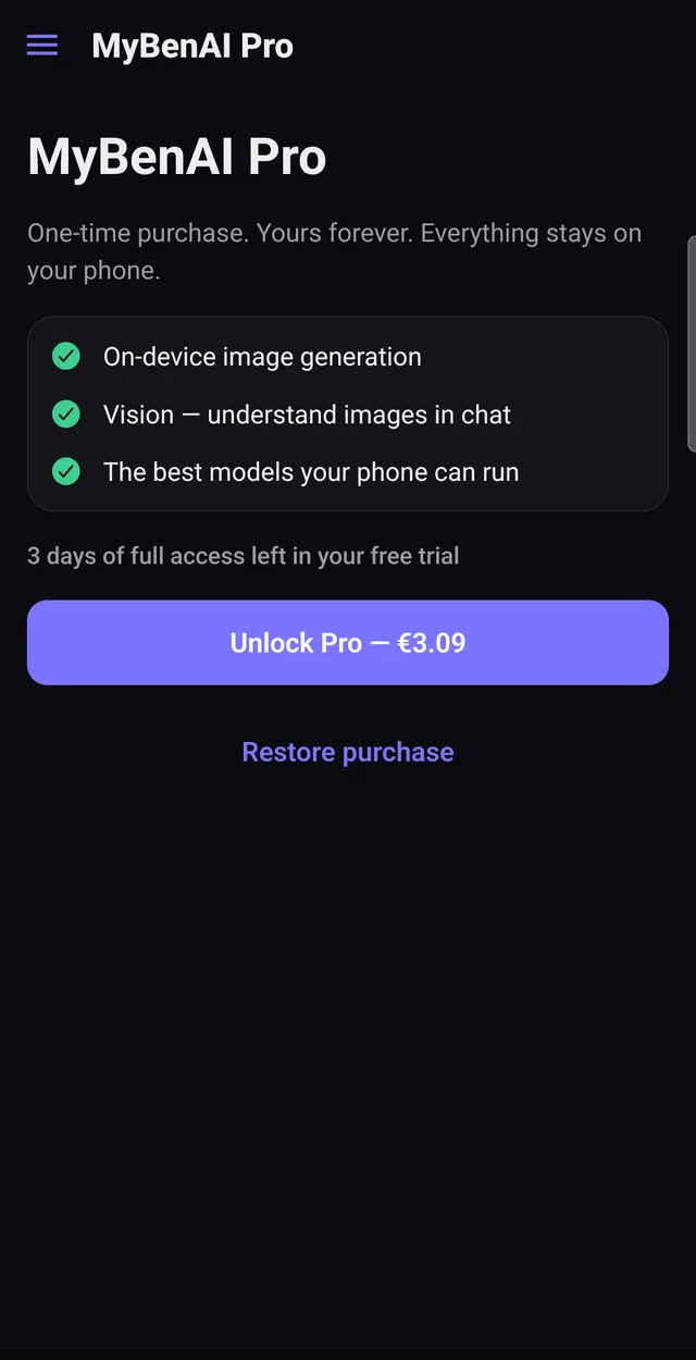 MyBenAI on Android: the one-time unlock screen shown during the free trial