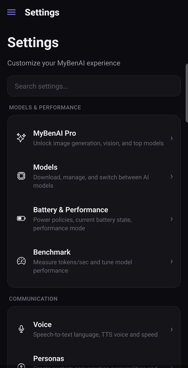 MyBenAI on Android: personas and the rest of the settings