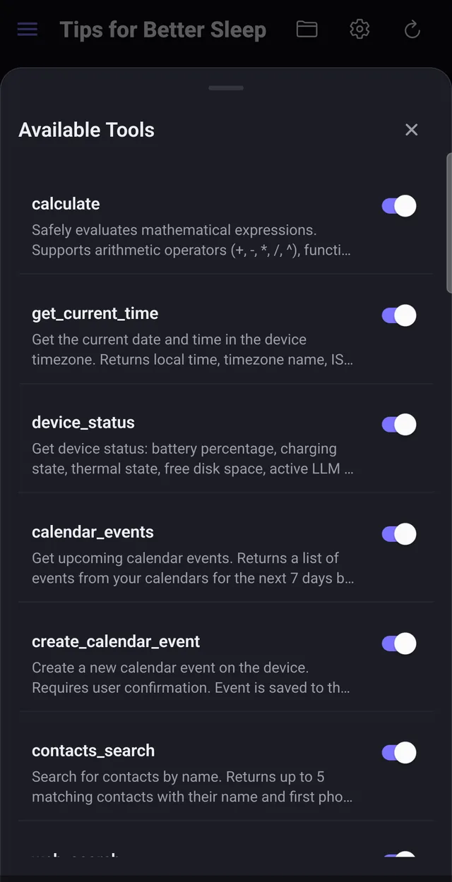 MyBenAI on Android: the tool sheet, with every tool individually switchable