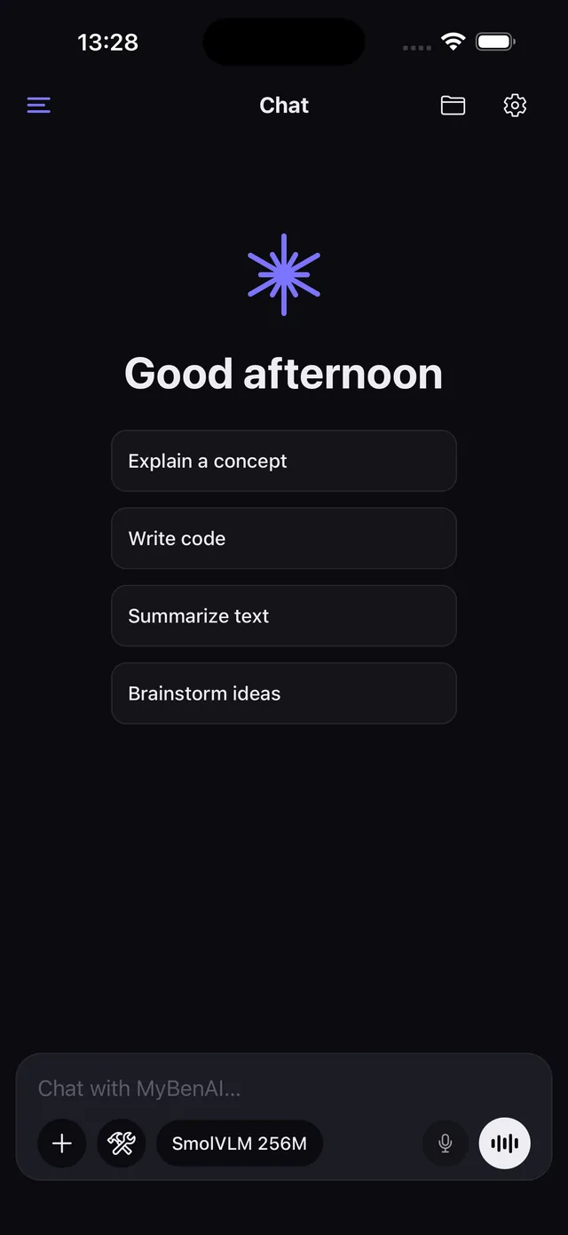 MyBenAI on iOS: the chat home screen on iPhone