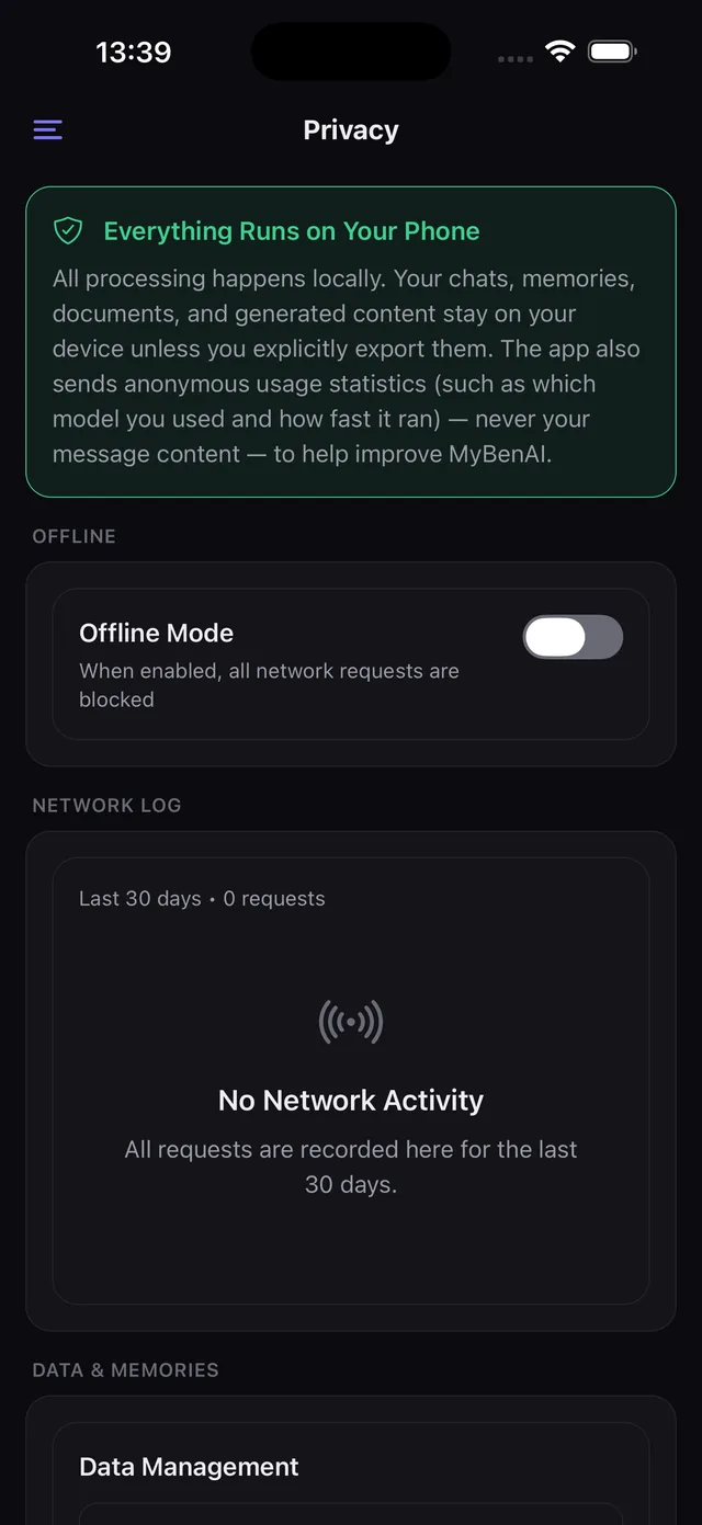 MyBenAI on iOS: the privacy screen showing offline mode and zero network requests in 30 days