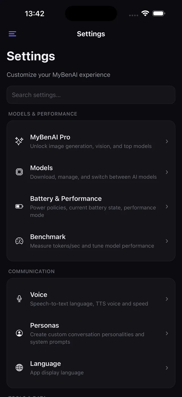 MyBenAI on iOS: the settings screen